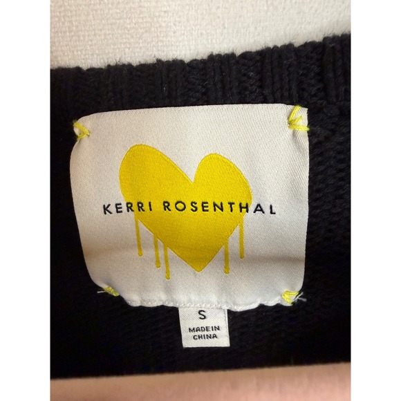 Kerri Rosenthal Womens V-Neck Cotton Sweater Black Yellow Heart Elbow Patches S - Picture 2 of 7